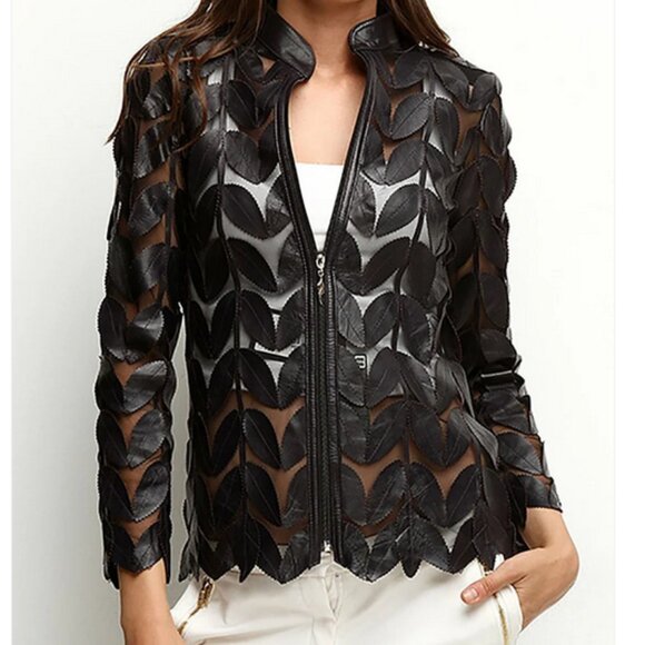 Jackets & Blazers - 🖤 Rare Black Leather Leaf Mesh Jacket w/ Crystal Zipper Pull – Size Large